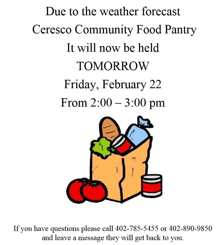 Village Of Ceresco Community Food Pantry Change Due To Weather